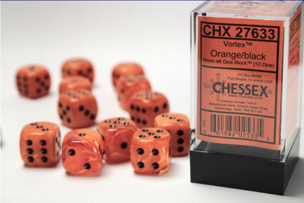 Chessex Dice Sets: Orange/Black Vortex 16mm d6 (12)