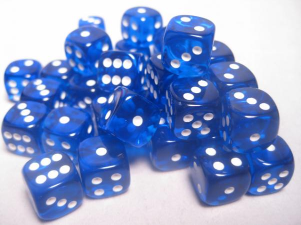 Chessex Dice Sets: Blue/White Translucent 12mm d6 (36)