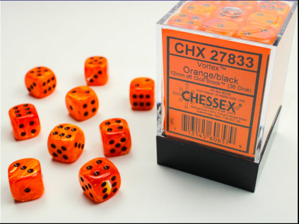 Chessex Dice Sets: Orange/Black Vortex 12mm d6 (36)