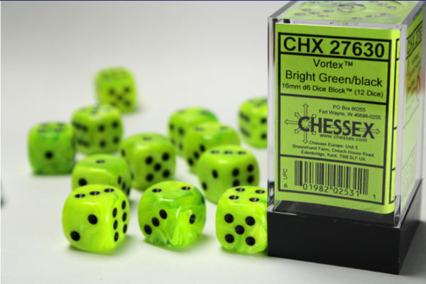 Chessex Dice Sets: Vortex Bright Green w/Black16mm d6 (12)
