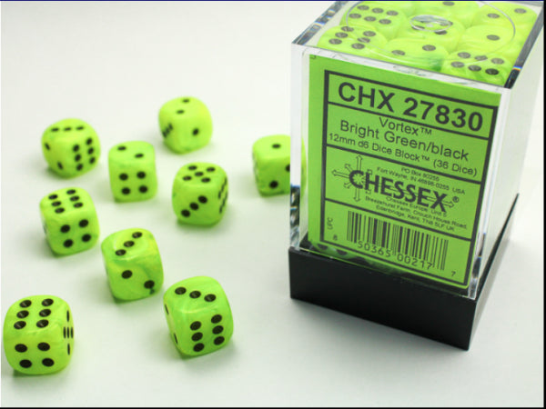 Chessex Dice Sets: Vortex Bright Green w/Black 12mm d6 (36)