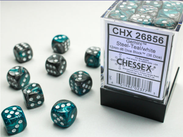 Chessex Dice Sets: Gemini # 6 12mm d6 Steel-Teal/White (36)
