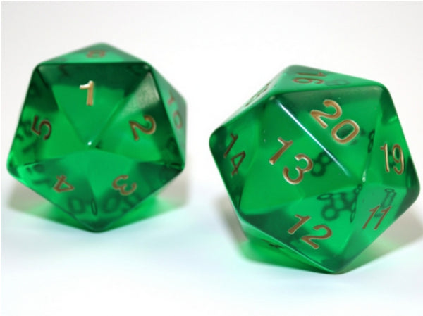 Chessex: 55mm Jumbo d20 Translucent Green w/gold (1)